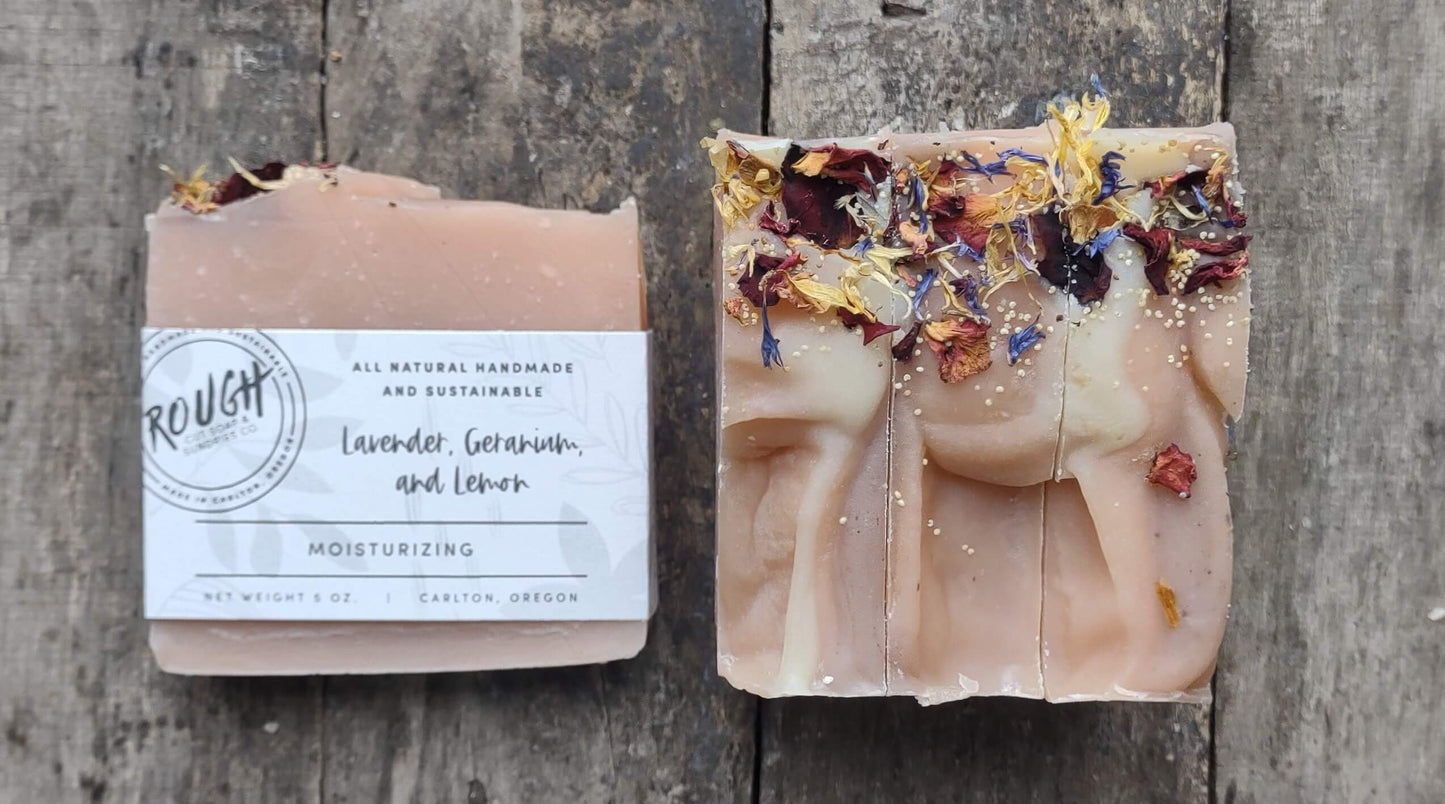 Lavender, Geranium + Lemon Handcrafted Artisan Rough Cut Soap