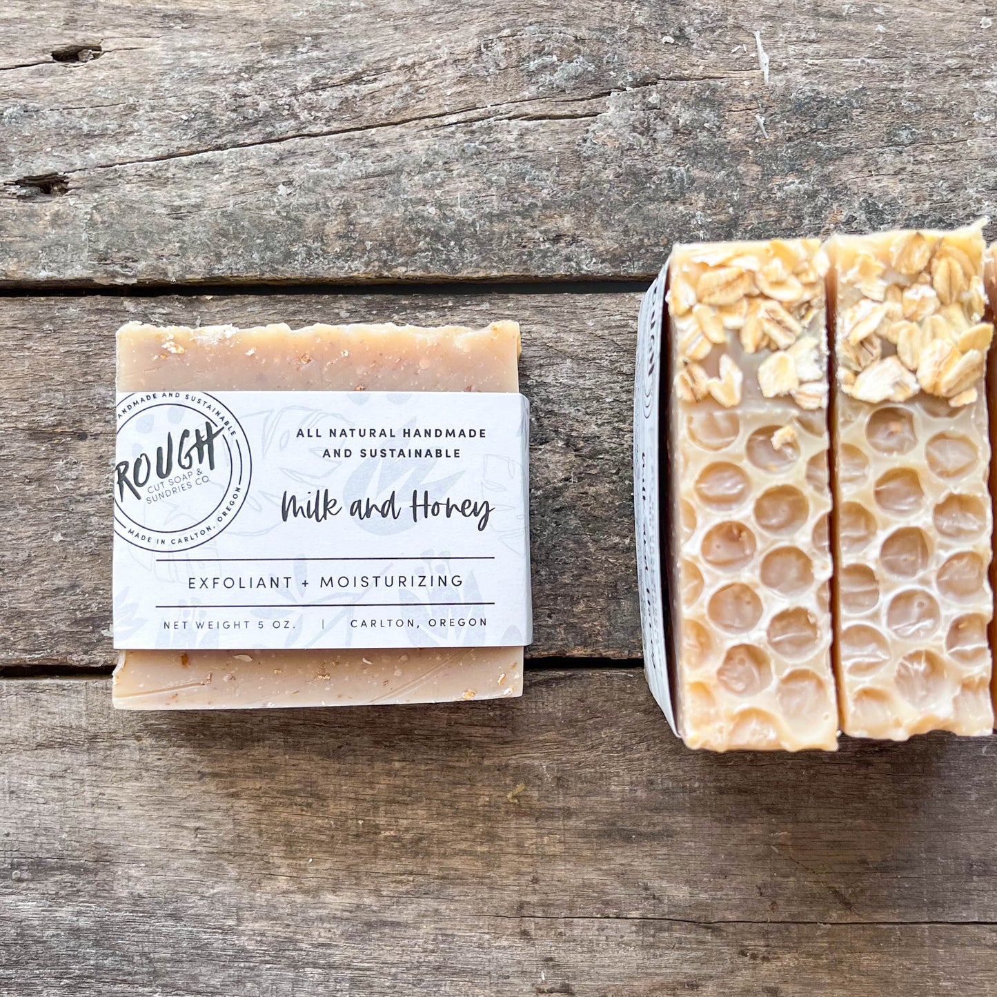 Bar of soap with a honeycomb pattern and oat topping