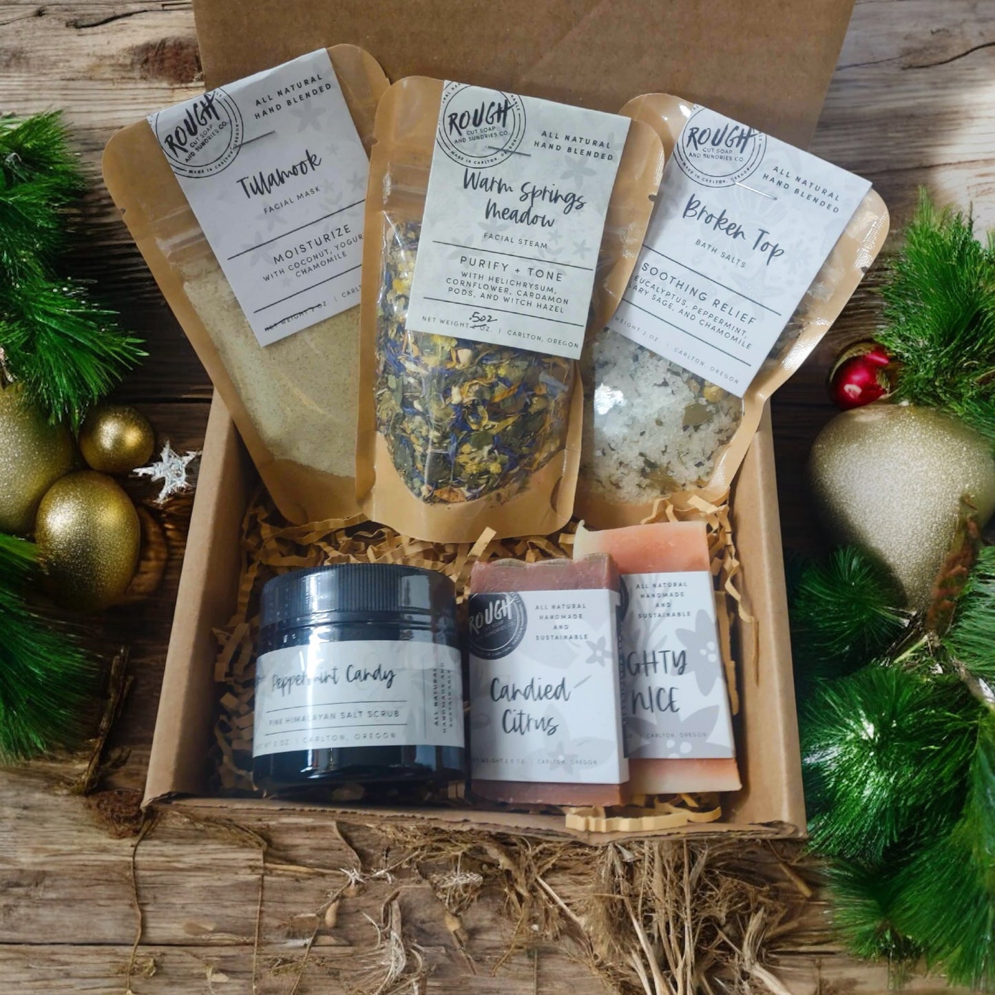 Holiday gift pamper set with Facial Mask, Facial Steam, Bath Salts, Himalayan Salt Scrub and Mini Rough Cut Soap Bars in 2 scents.