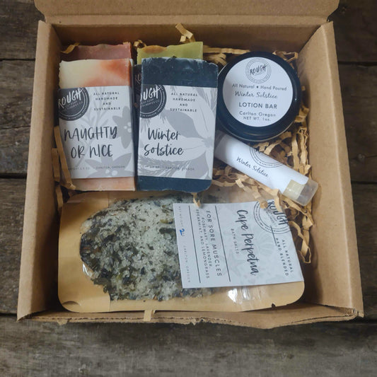 Rough Cut Sampler with 4 Mini Soap Bars + Lotion Bar + Lip Balm + Bag of Bath Salts in a kraft box 